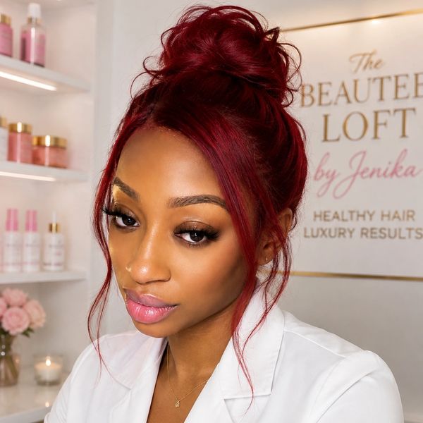 Woman with vibrant red hair in a bun, looking serene.