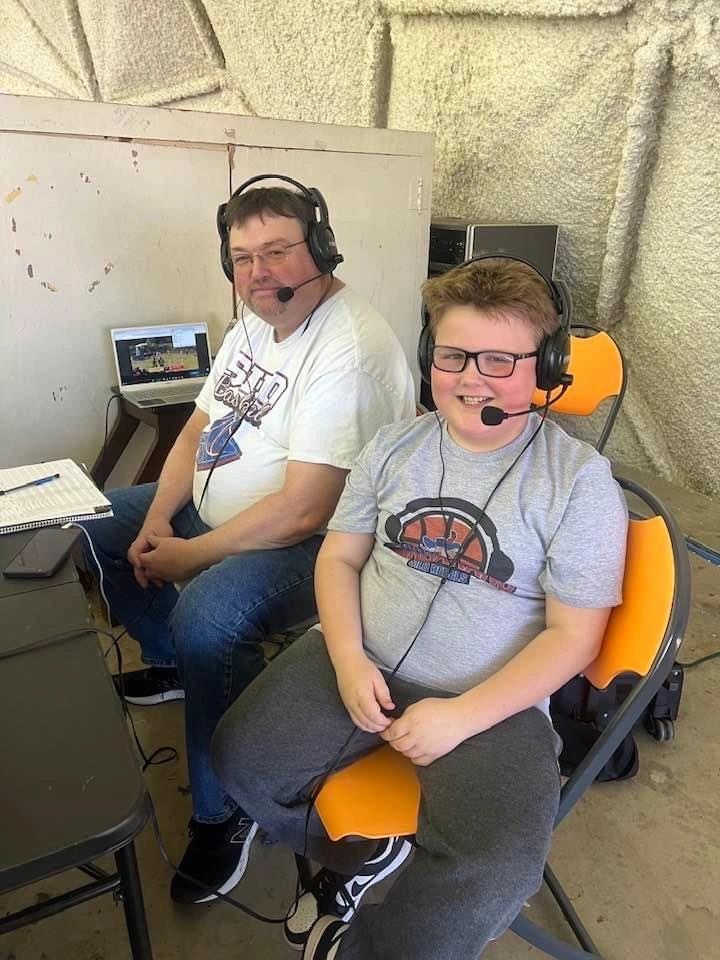Kevin Farr and Asher Ludrick getting ready to commentate Oklahoma 3A area basketball games.