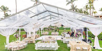 Tent wedding reception setup with palm trees in background