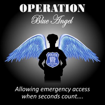 Silhouette of a police officer with blue angel wings and emergency access message.