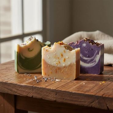 Three artisanal soap bars with natural colors and textures on a wooden surface.