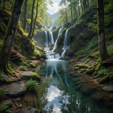Deer drinking from a clear river beneath a lush, multi-tiered waterfall in a green forest.