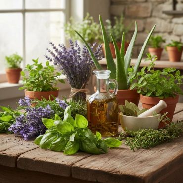 Fresh herbs, aloe, and infused oil on a rustic wooden table near a sunlit window.