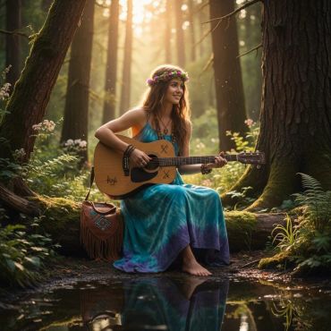 Woman in a blue dress playing guitar in a sunlit forest.