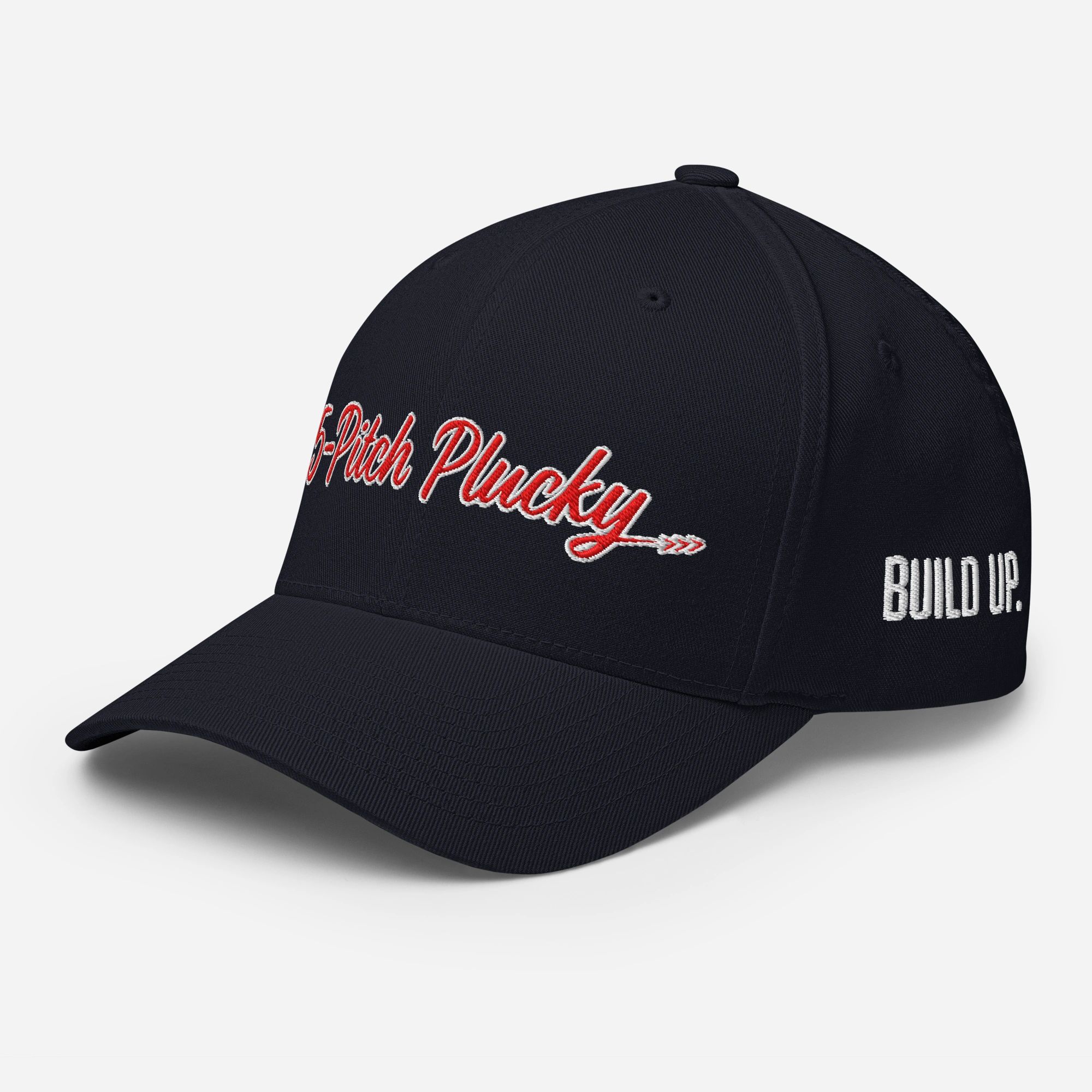 5-Pitch Plucky baseball cap dark navy with red and white logo with Build up. embroidery on side.