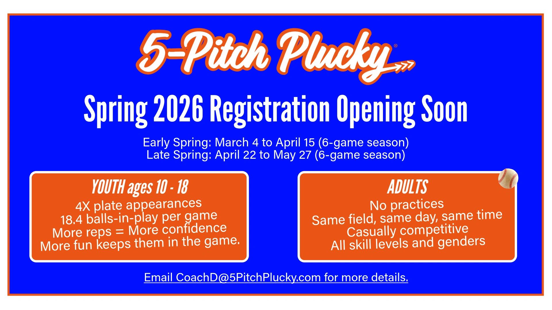 Blue and orange registration information for Spring 5-Pitch Plucky in Dallas, TX.
