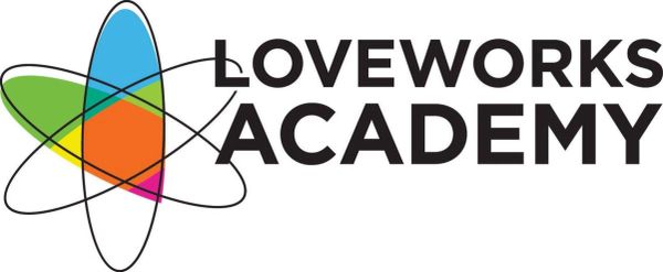 Colorful logo of Loveworks Academy with overlapping shapes and bold text.