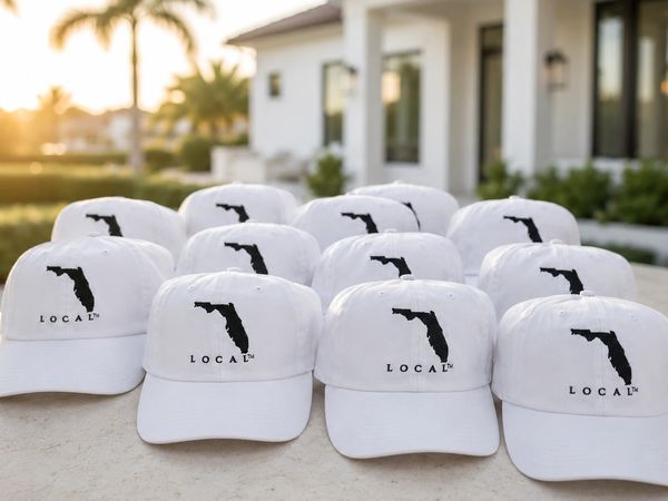 White hats with a black Florida state silhouette and the word LOCAL.