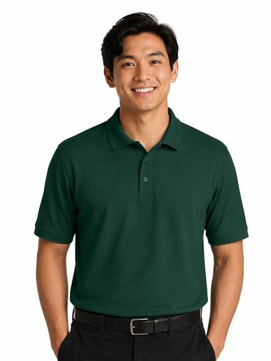 Smiling man wearing a dark green polo shirt with black pants.