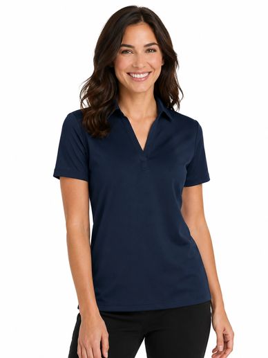 Smiling woman wearing a navy blue short-sleeve polo shirt.