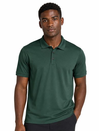 Man wearing a dark green polo shirt with short sleeves.