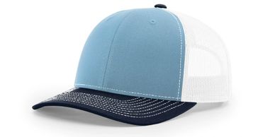 A blue and white mesh trucker hat with a dark blue brim.