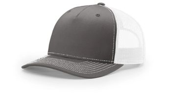 Gray and white mesh trucker hat with curved brim.