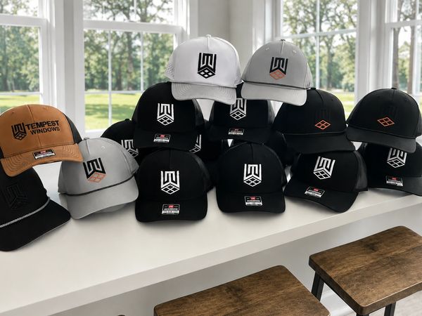 Variety of branded caps displayed on a table.