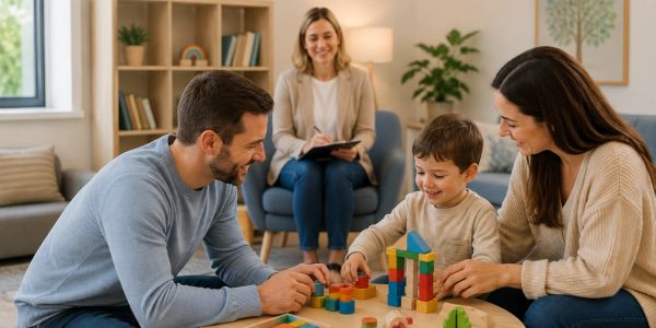 Family playing with blocks during therapy session.