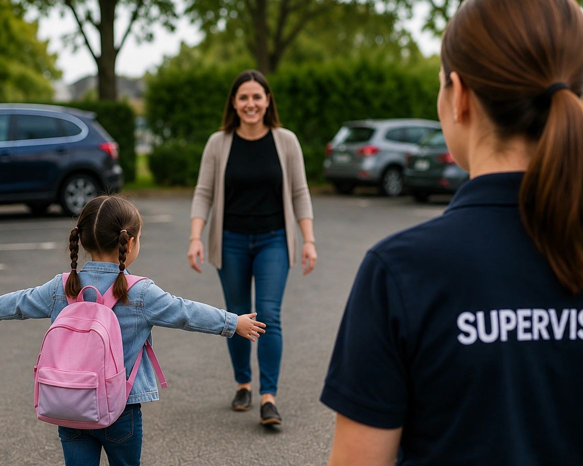 Child running to a smiling woman supervised by another.
