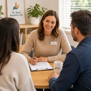 A woman consulting with a couple at an office.