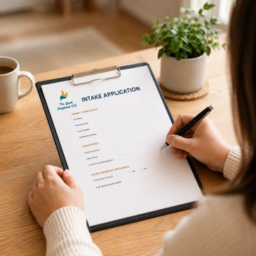 Person filling out an intake application form on a clipboard.