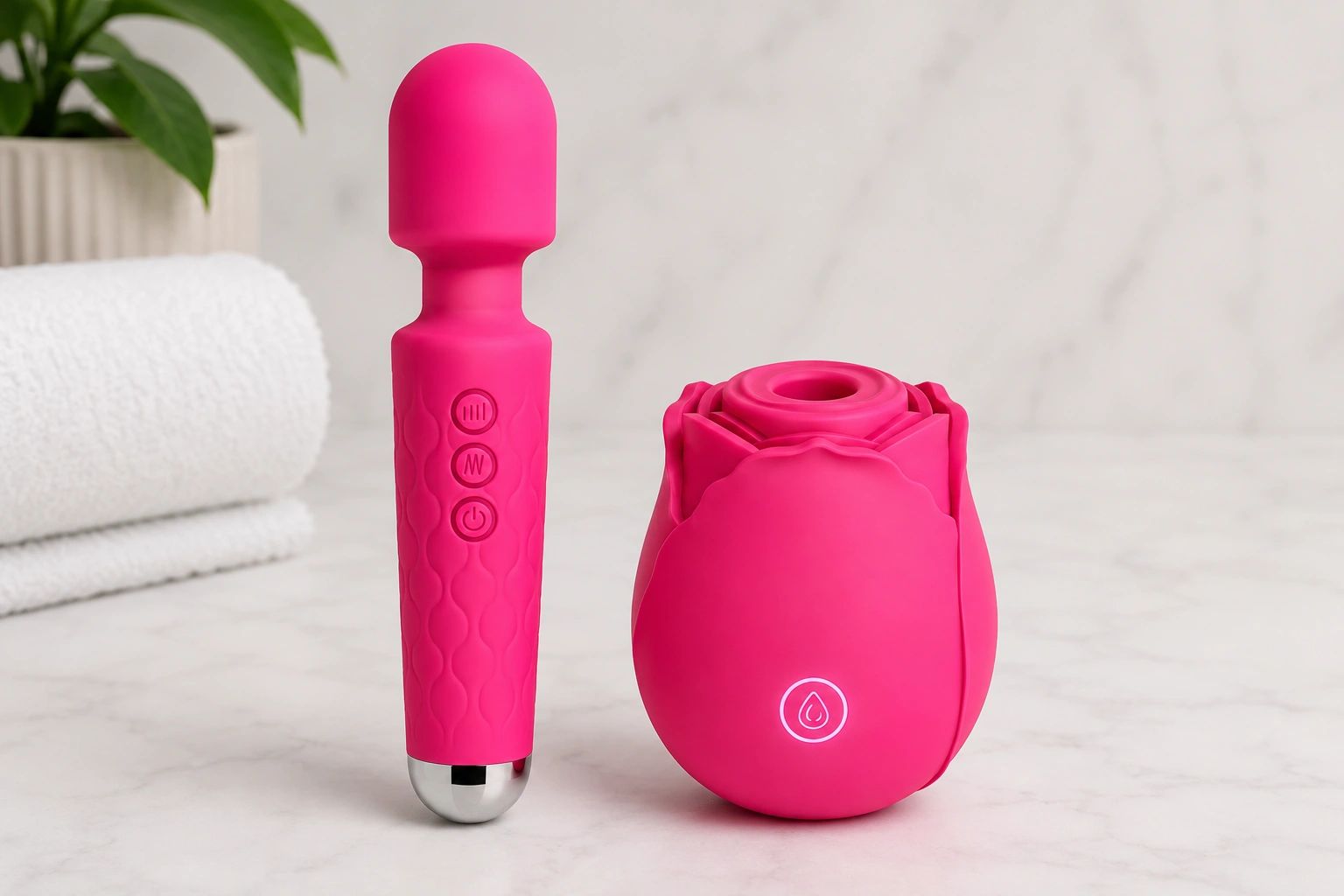Two pink adult toys on a marble surface with a towel and plant in the background.