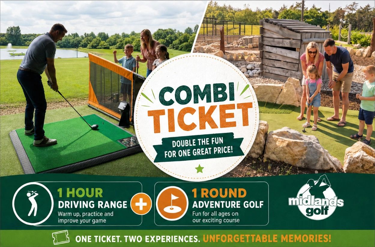 Combi ticket for 1 hour driving range and 1 round of adventure golf at Midlands Golf.
