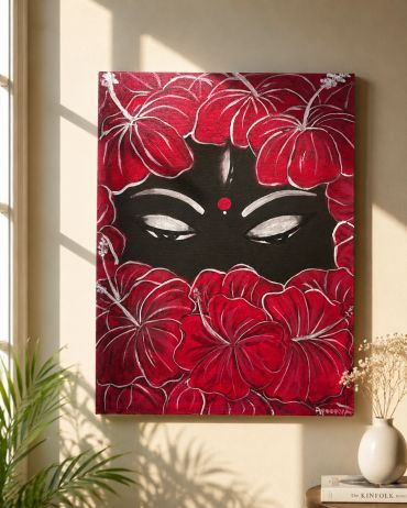 Painting of eyes surrounded by red flowers.