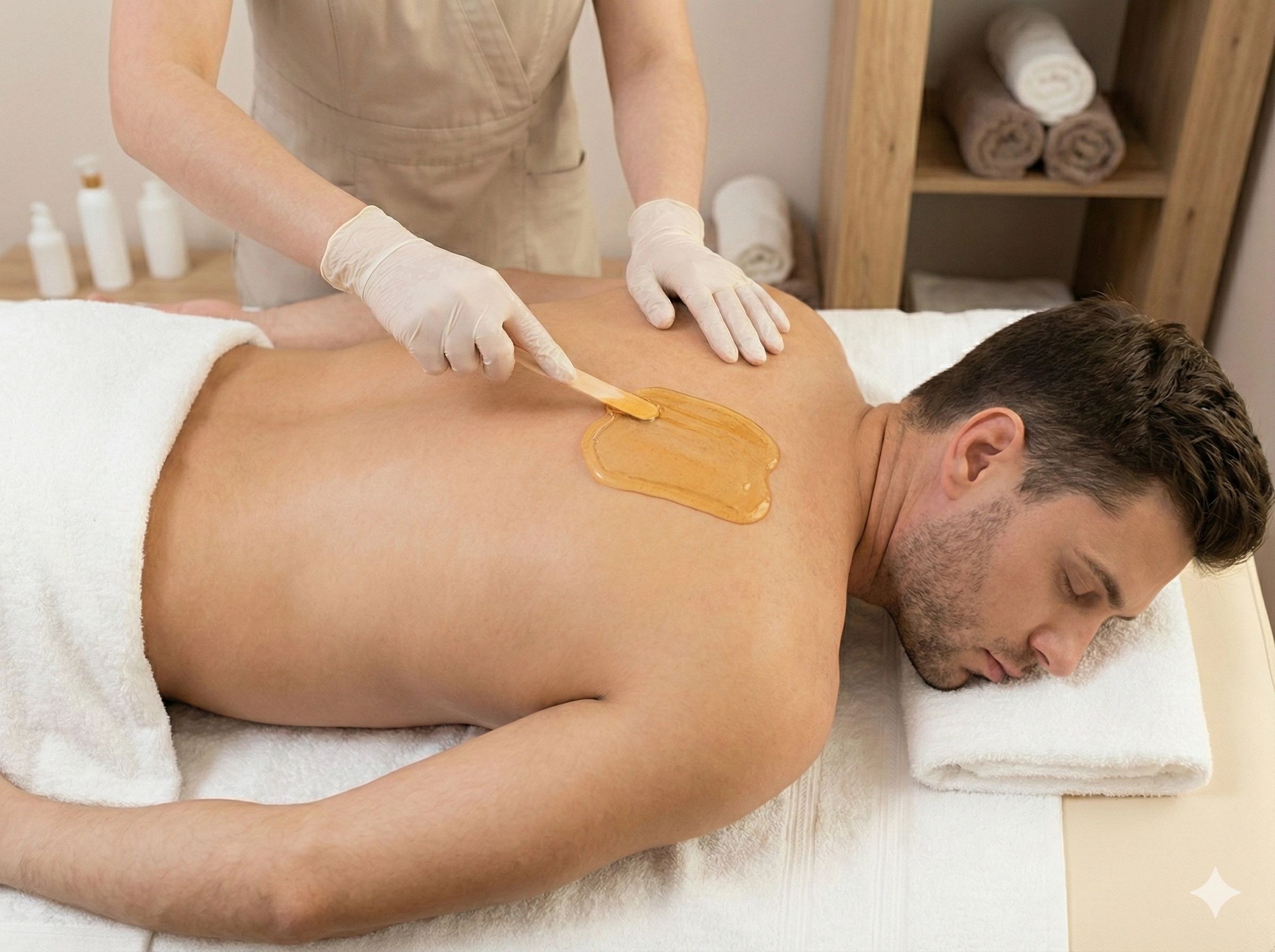 Man receiving warm wax treatment on his back at a spa.