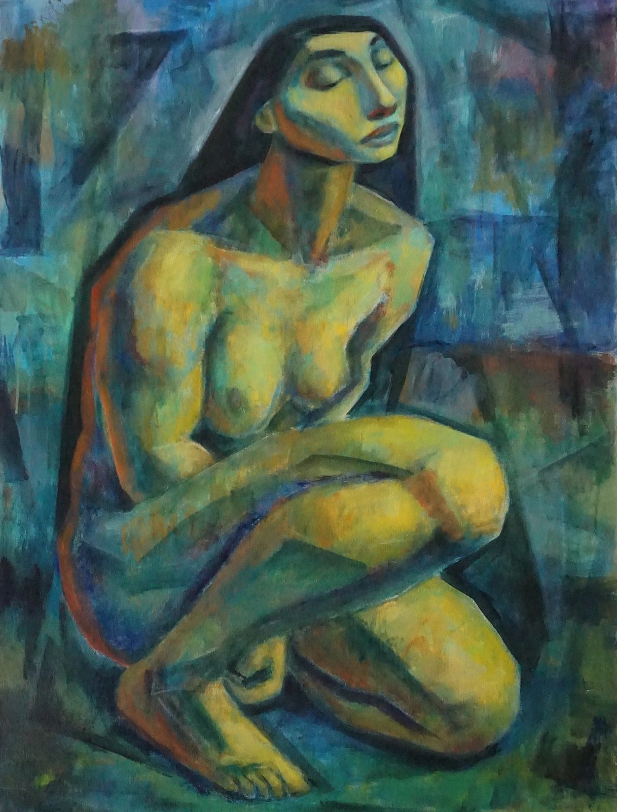 Abstract painting of a contemplative nude woman.