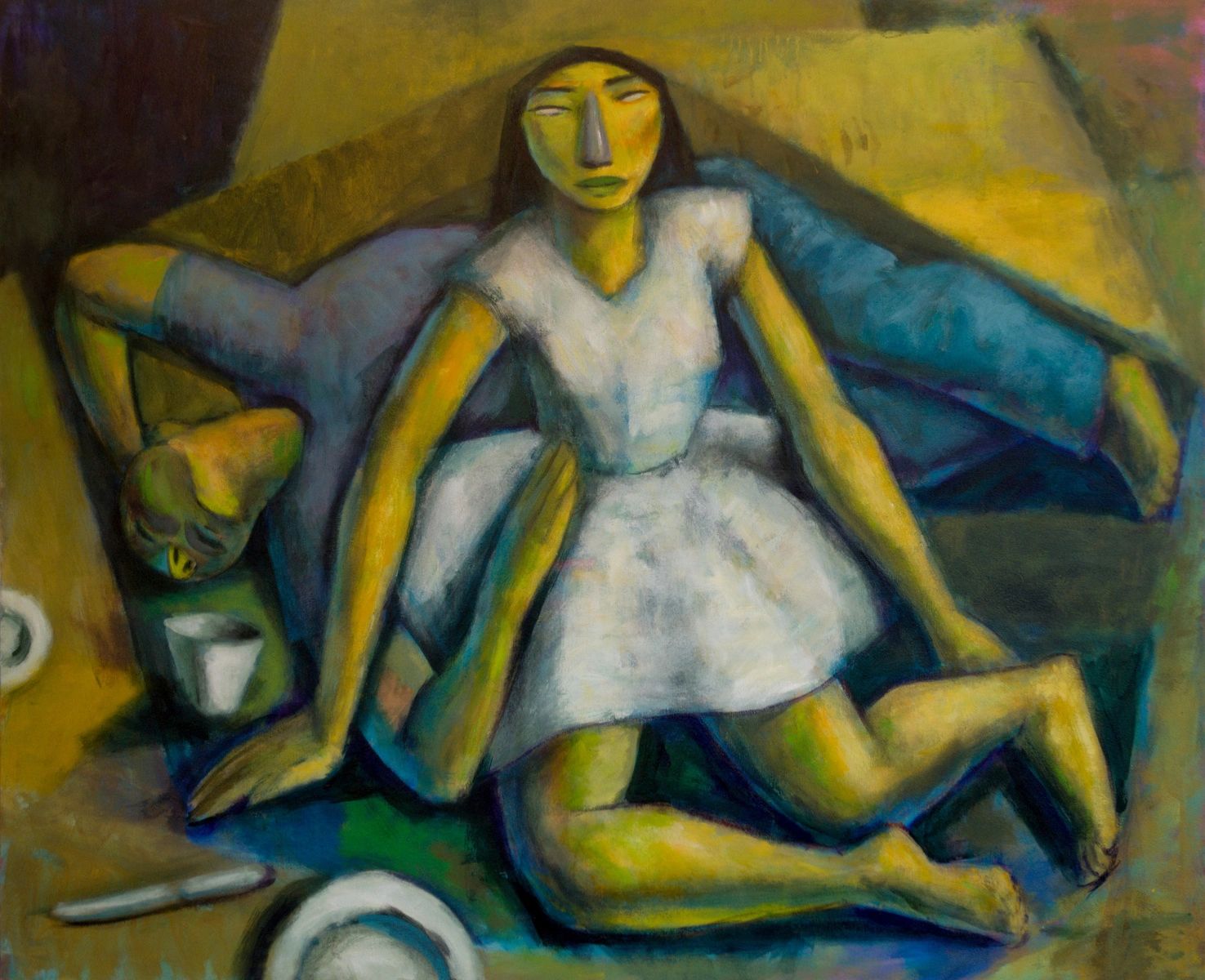 Abstract painting of two intertwined figures with expressive faces.