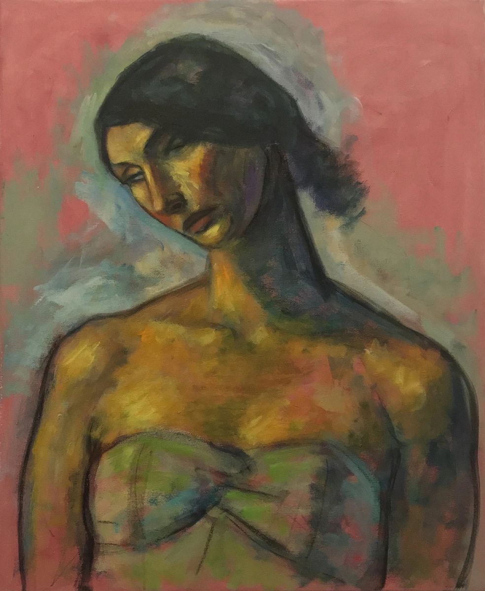 Abstract portrait of a woman with downward gaze on a pink background.