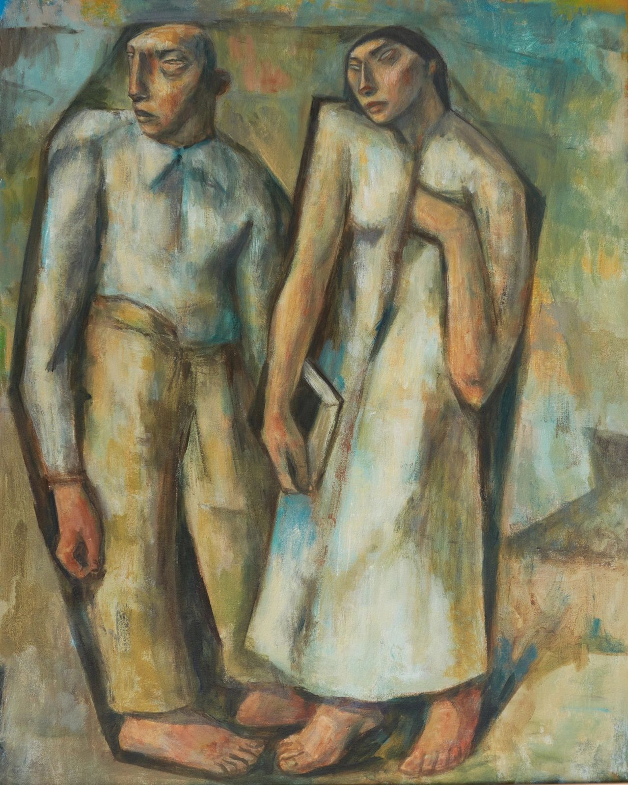 Abstract painting of two barefoot figures.