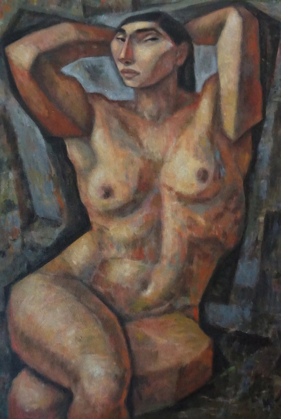 Abstract painting of a nude woman reclining with arms behind her head.