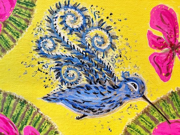 Colorful blue bird with swirly tail feathers on yellow background with pink flowers.