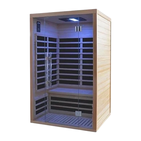 Modern wooden infrared sauna with glass door and blue interior light.