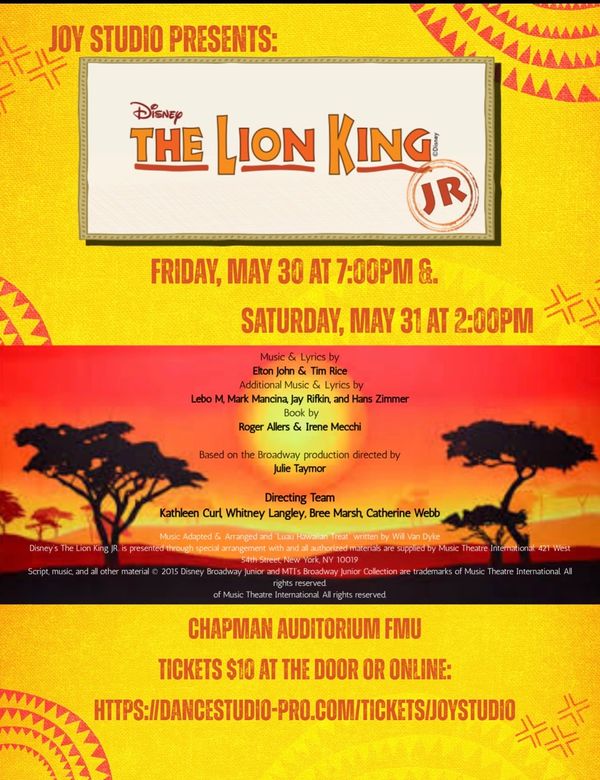 Poster for Disney's The Lion King JR musical at Chapman Auditorium with show dates and ticket info.