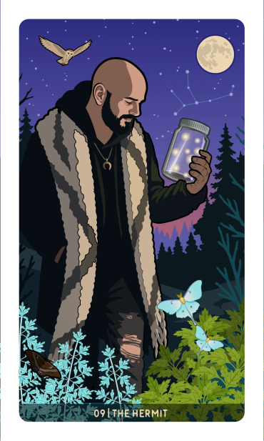 The Hermit Card, featuring Mat Auryn by Davezilla for the Feral Path Tarot deck. ©2026.