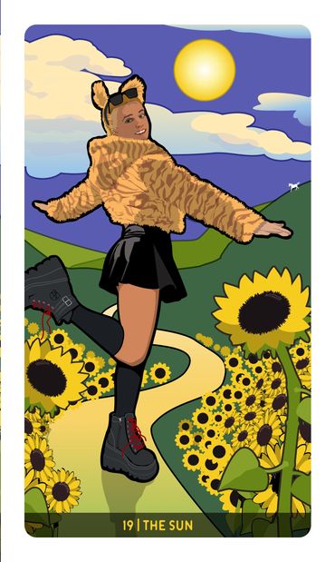 The Sun Card featuring Hannah Burns, by Davezilla for the Feral Path Tarot deck. ©2026