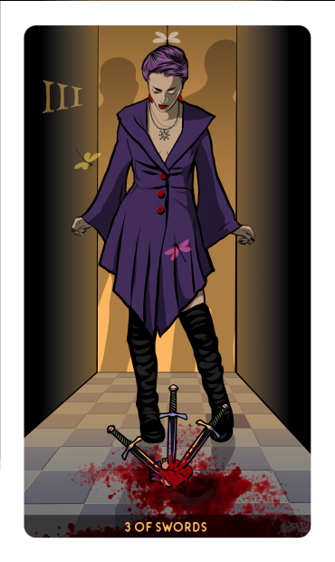 The 3 of Swords Card, featuring Rachel Bradley by Davezilla for the Feral Path Tarot deck. ©2026