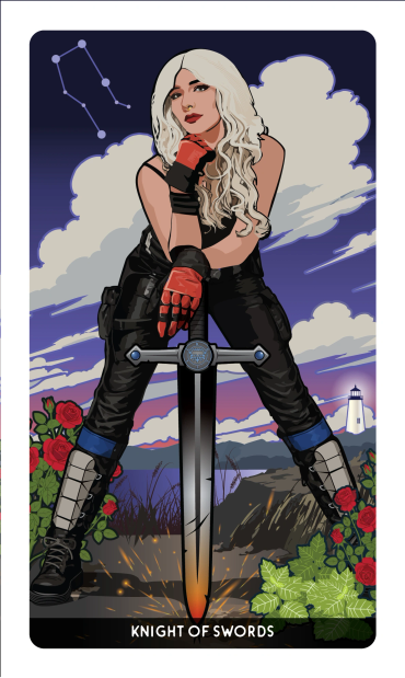 The Knight of Swords Card featuring Aila, by Davezilla for the Feral Path Tarot deck. ©2026