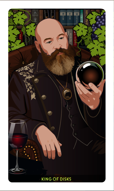 The King of Disks Card featuring Ivo Dominguez jr, by Davezilla for the Feral Path Tarot deck. ©2026