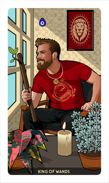 The King of Wands Card featuring Devin Hunter, by Davezilla for the Feral Path Tarot deck. ©2026