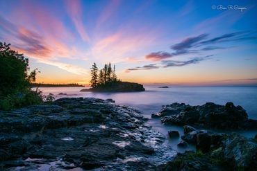 Lake Superior North Shore, Grand Marais, MN. Minnesota island at Sunrise. Tombolo Island. Covill