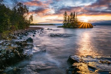 Sunrise at Tombolo island on the Lake Superior North Shore in Northern Minnesota. Long exposure 