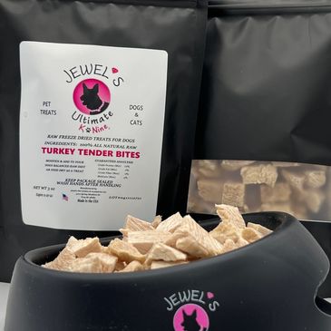 Jewel's Ultimate & One Kind Turkey Tender Bites dog treats in a black bowl.