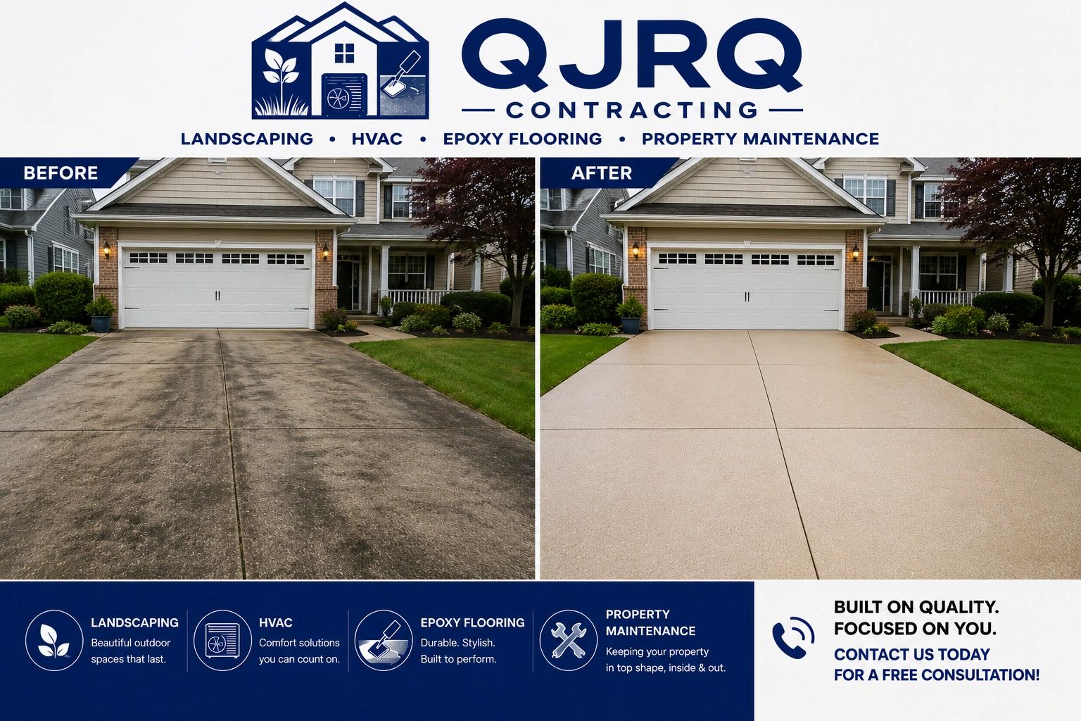 Before and after driveway cleaning and resurfacing by QJRQ Contracting.