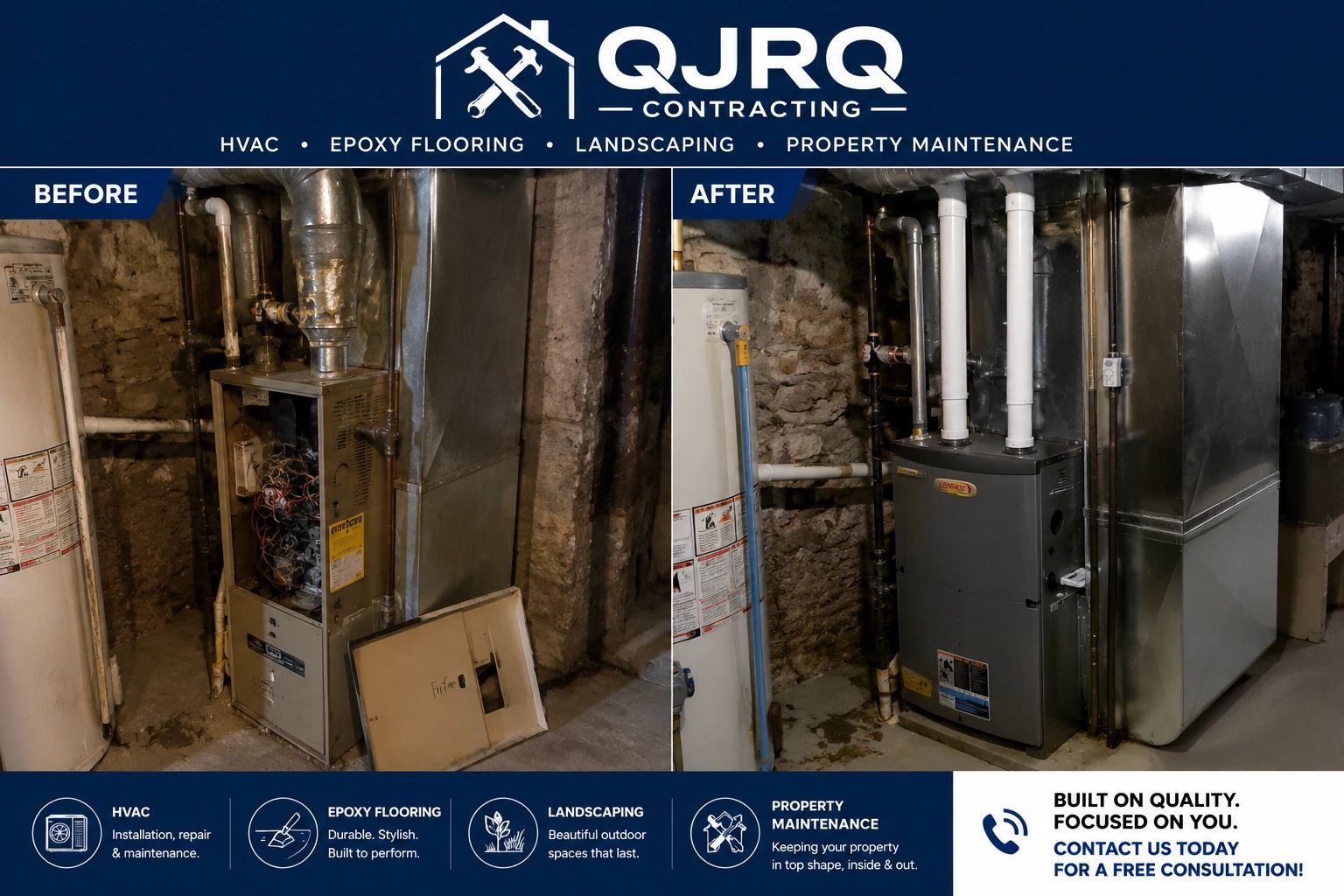Before and after HVAC system replacement by QJRQ Contracting.