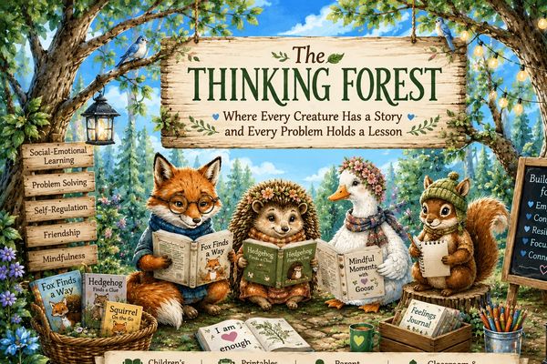 Illustration of forest animals reading books in a peaceful learning setting.