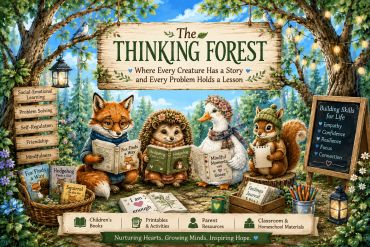 Illustration of forest animals reading books in a peaceful learning setting.