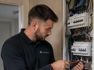 Electrician working on a circuit breaker panel with tools.