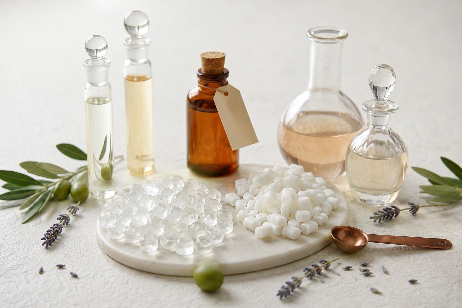 Various essential oils and wax pellets on a marble board with lavender and olive sprigs.