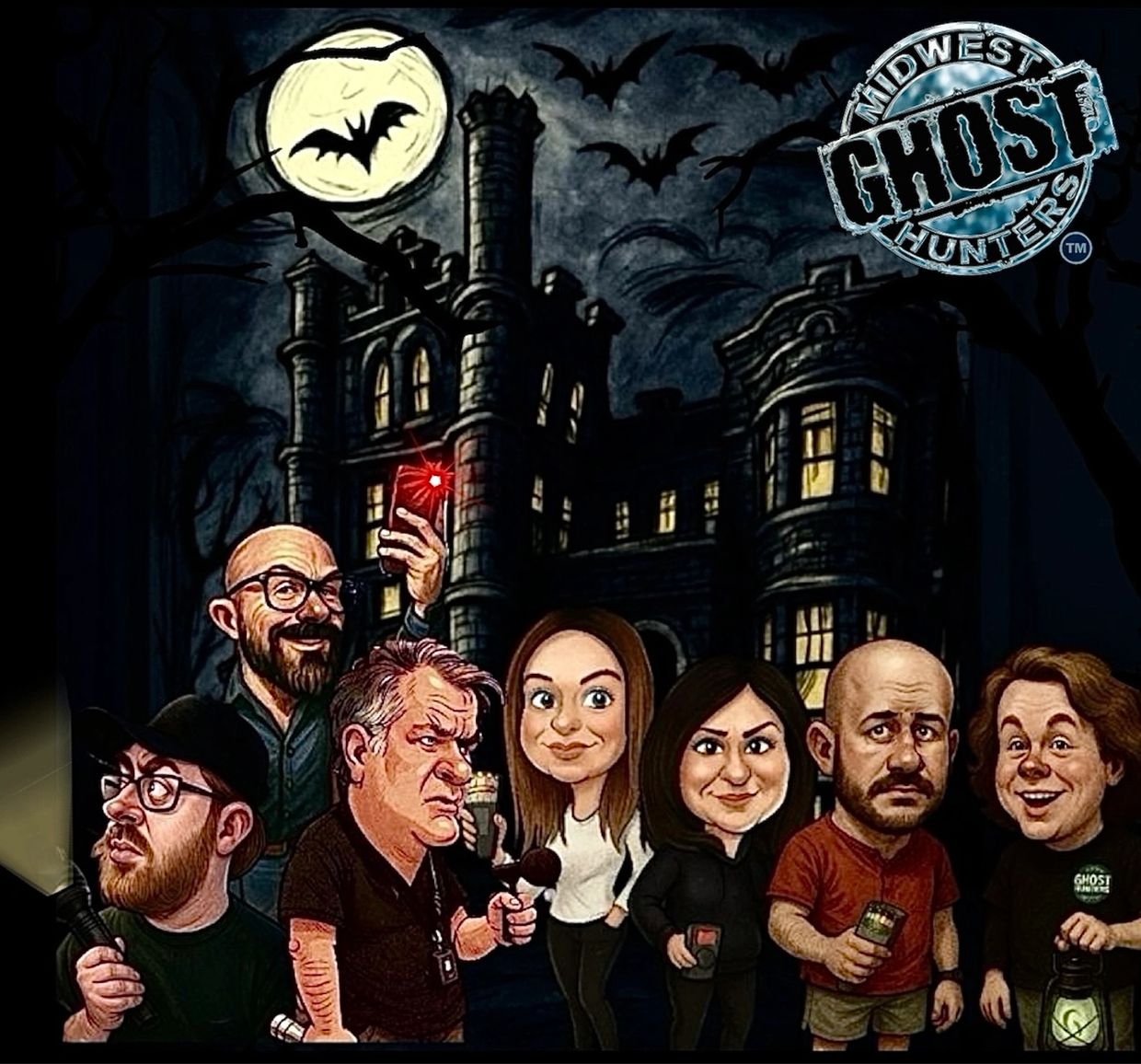 Caricature of Midwest Ghost Hunters team in front of a haunted mansion at night.